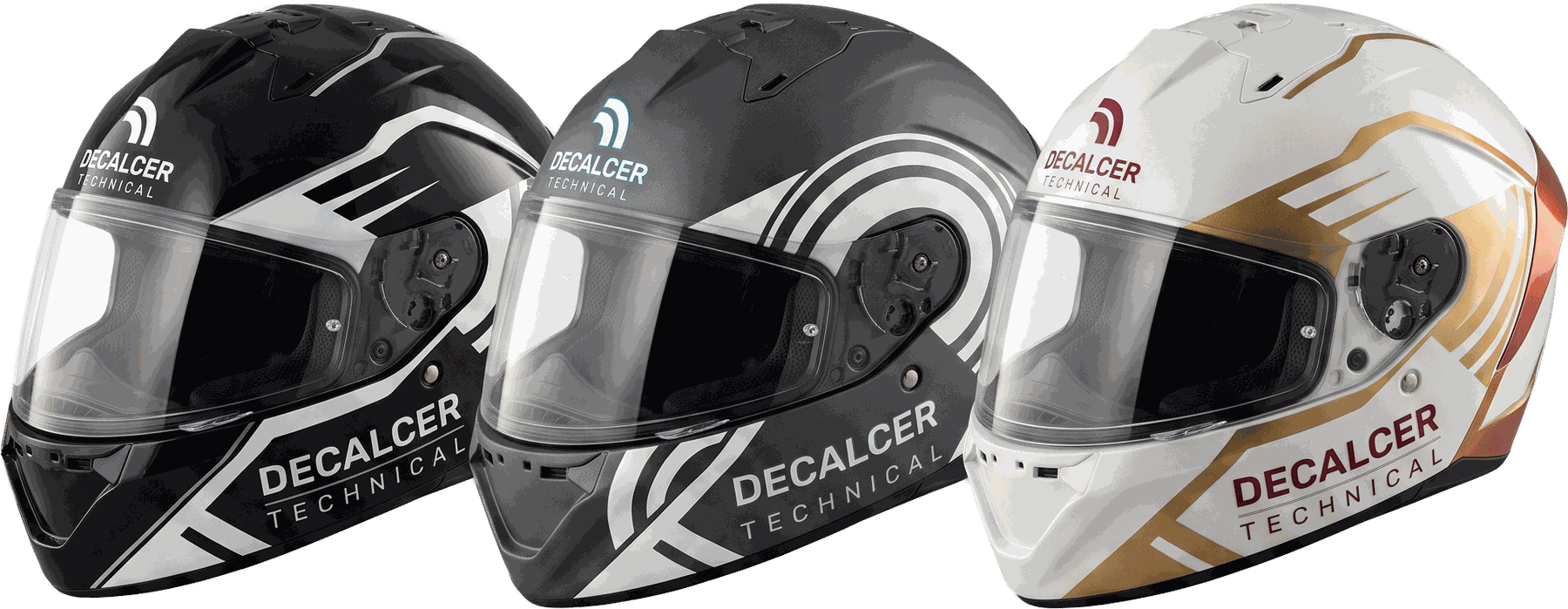 Three helmet shells in different colourways, each carrying the same multilayer decal applied under clear coat.