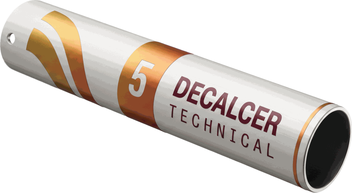 A cylindrical test coupon carrying a multilayer decal wrapped around the curve.